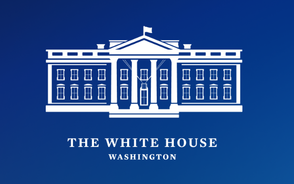 white graphic on a blue background of The White House. Text below in white says The White House, Washington.