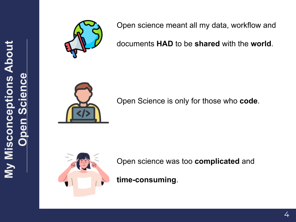 slide with three lines of text listing misconceptions: Open science meant all my data, workflow and documents had to be shared with the world. Open Science is only for those who code. Open science was too complicated and time-consuming