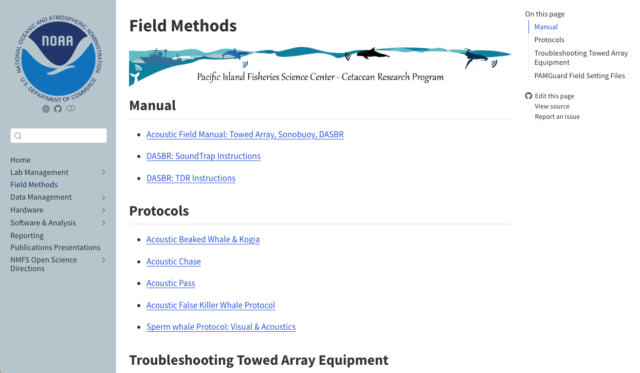 A screenshot of a digital manual with links to different passive acoustic monitoring instructions, resources, and protocols.