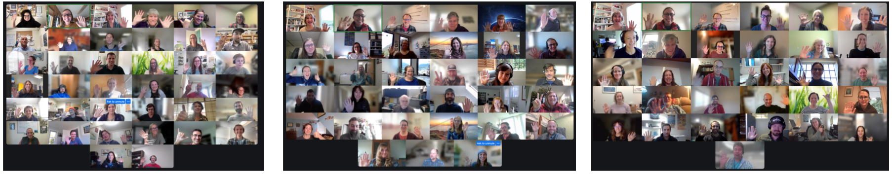3 screenshots of zoom participants each in a 6 by 6 grid. People are smiling and waving.