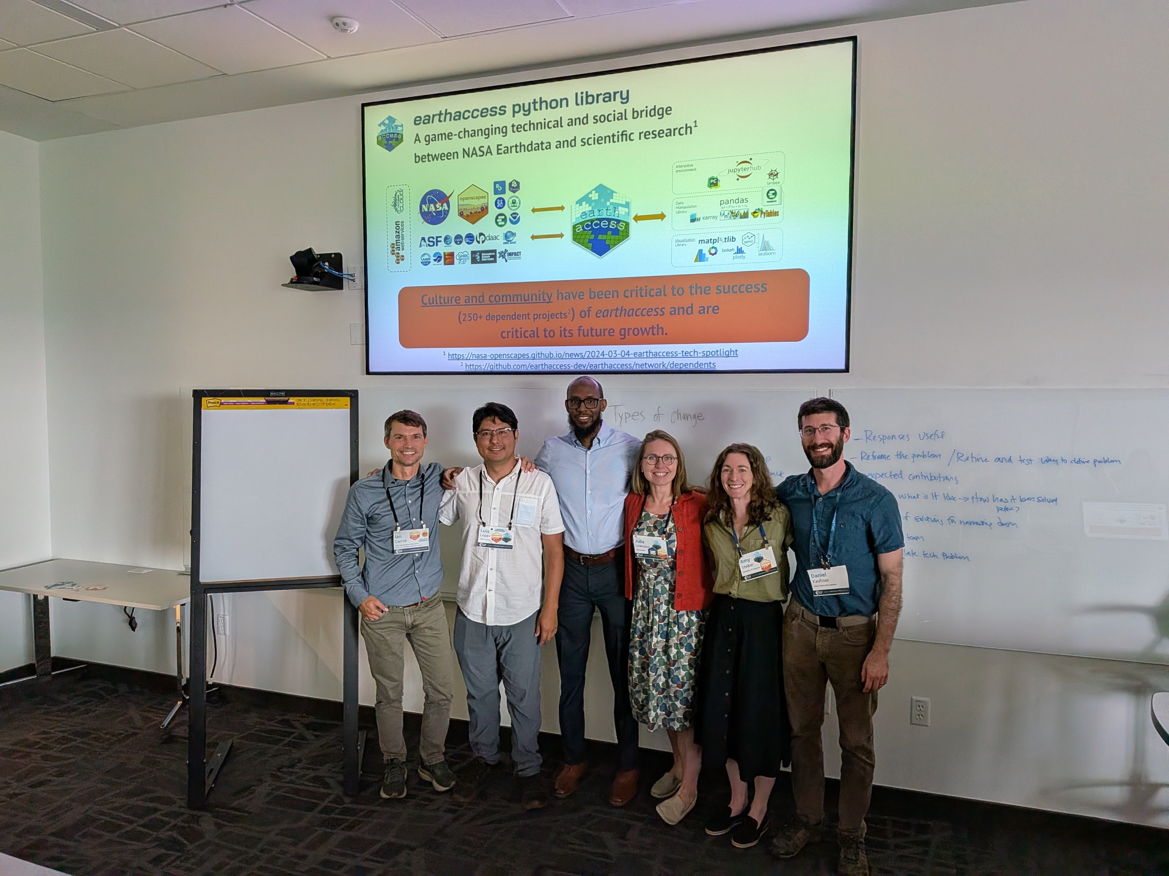 pose together beneath a slide describing the earthaccess Python library as a technical and social bridge between NASA Earthdata and scientific research. pose together beneath a slide describing the earthaccess Python library as a technical and social bridge between NASA Earthdata and scientific research.