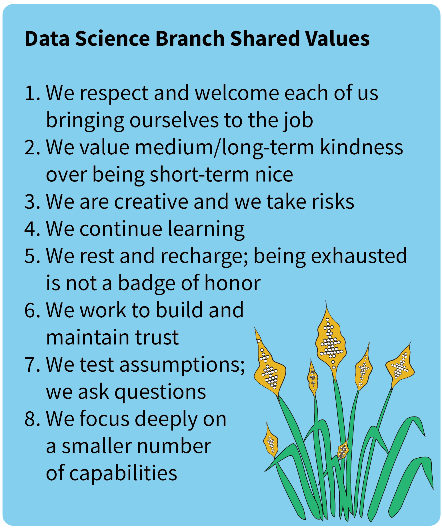 A list of our 8 shared values. They include: 1. We respect and welcome each of us bringing ourselves to the job, 2. We value medium/long-term kindness over being short-term nice, 3. We are creative and we take risks, 4. We continue learning, 5. We rest and recharge; being exhausted is not a badge of honor, 6. We work to build and maintain trust, 7. We test assumptions; we ask questions, 8. We focus deeply on a smaller number of capabilities.