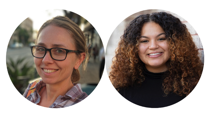 headshots of two women smiling. Julie, a white woman, on left has short light brown hair in a ponytail and is wearing black framed glasses. Ileana, a Black woman, on right has long thick curly hair