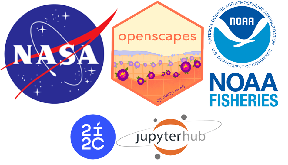 A composite of the Openscapes logo, the NASA logo, the NOAA fisheries logo, the 2i2c logo, and the JupyterHub logo