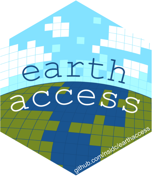 The earthaccess logo by Allison Horst: a hexagonal shape with the words earth access on two separate lines with pixalated sky with clouds and earth with land and sea