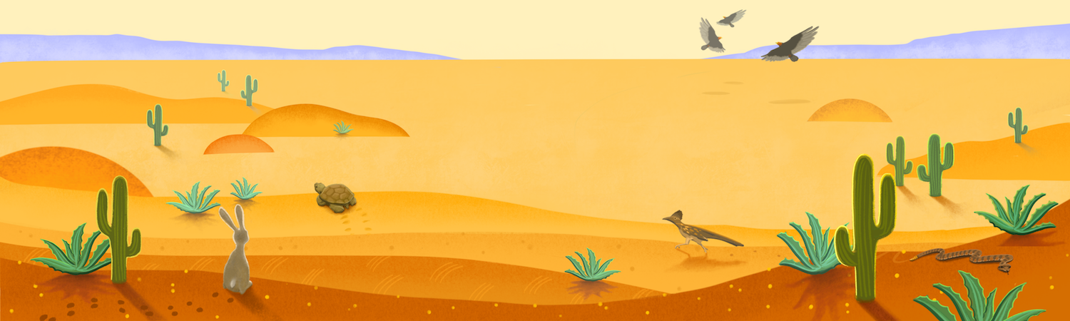 Landscape view of a desert in orange and red hues, with purple hills in the background and cacti in the foreground. There is a hare, a tortoise, a rattlesnake, and a roadrunner on the ground and three vultures soaring in the sky above.