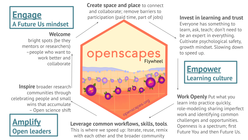A diagram of the Openscapes flywheel. The Openscapes logo sits in the center of a cyclical process. The text around the logo reads as follows: 'Welcome bright spots (be they mentors or researchers) -- people who want to work better and collaborate' > 'Create space and place to connect and collaborate; remove barriers to participation (paid time, part of jobs)' > 'Invest in learning and trust; Everyone has something to learn, ask, teach; don't need to be an expert in everything. Cultivate psychological safety, growth mindset. Slowing down to speed up.' > 'Work Openly; Put what you learn into practice quickly, role-modeing sharing imperfect work and identifying common challenges and opportunities. Openness is a spectrum; first Future You and then Future Us' > Leverage common workflows, skills, tools; This is where we speed up: Iterate, reuse, remix with each other and teh broader community' > 'Inspire broader scientific communities through visible examples and leaders -- Open science shift' > repeat. These six steps are summarized by three overarching goals, which are also written around the logo: 'Engage a future us mindset', 'Empower learning culture', and 'Amplify open leaders'.
