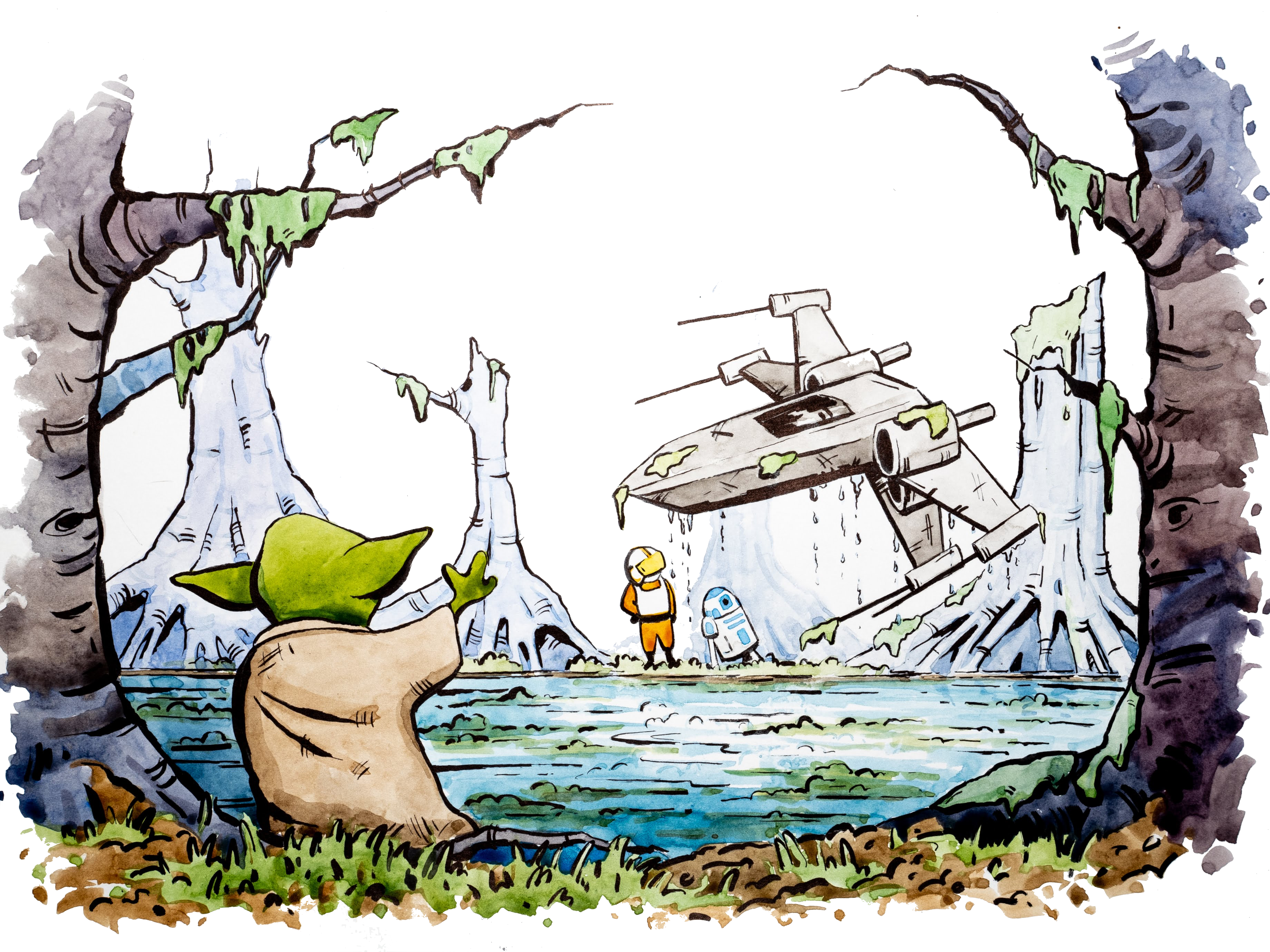 In the foreground, Yoda stands facing towards the bog and his right arm outstretched. In the background, Luke and R2D2 stand on the opposite bank looking up at the X-wing, which hovers just above the water's surface. Water and bog vegetation drip off of it.