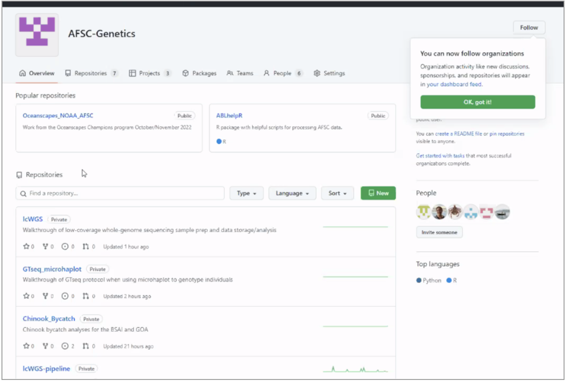 Screenshot of the AFSC Genetics GitHub Organization