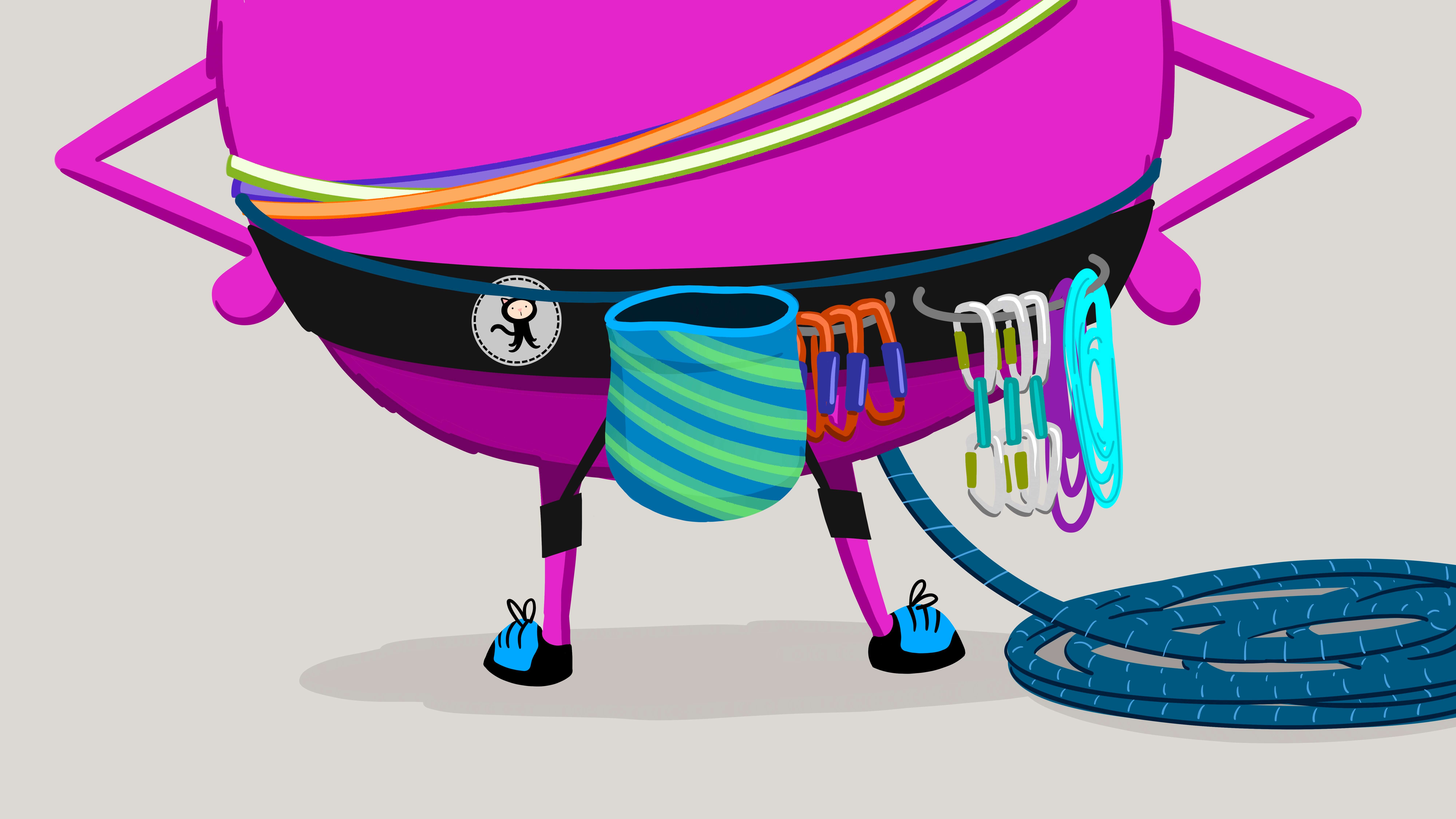 Partial rear view of a monster with image focusing on their safety harness with a GitHub Octocat logo, chalk bag, carabiners, and rope.