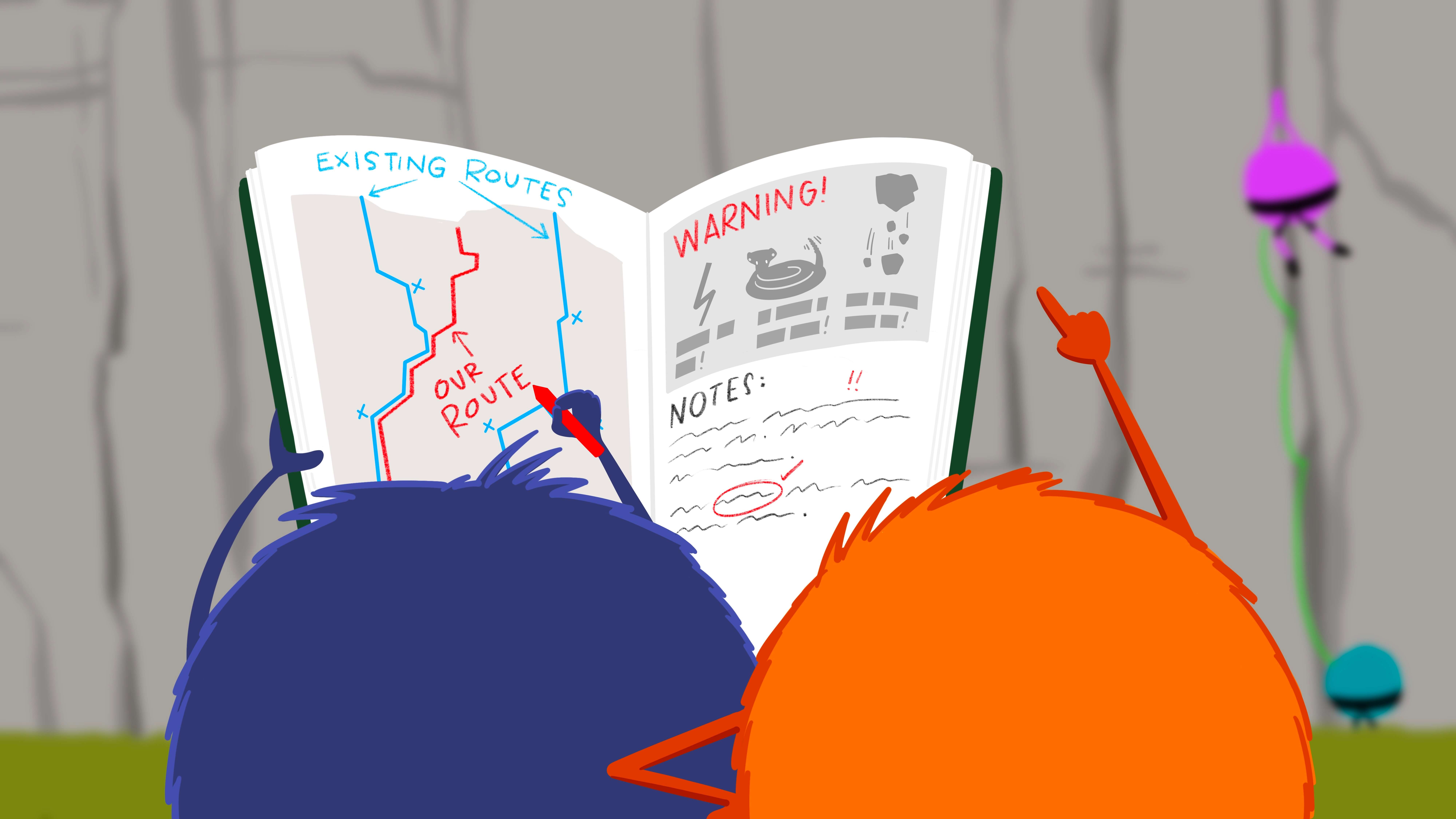 Two monsters consult a book with routes labeled