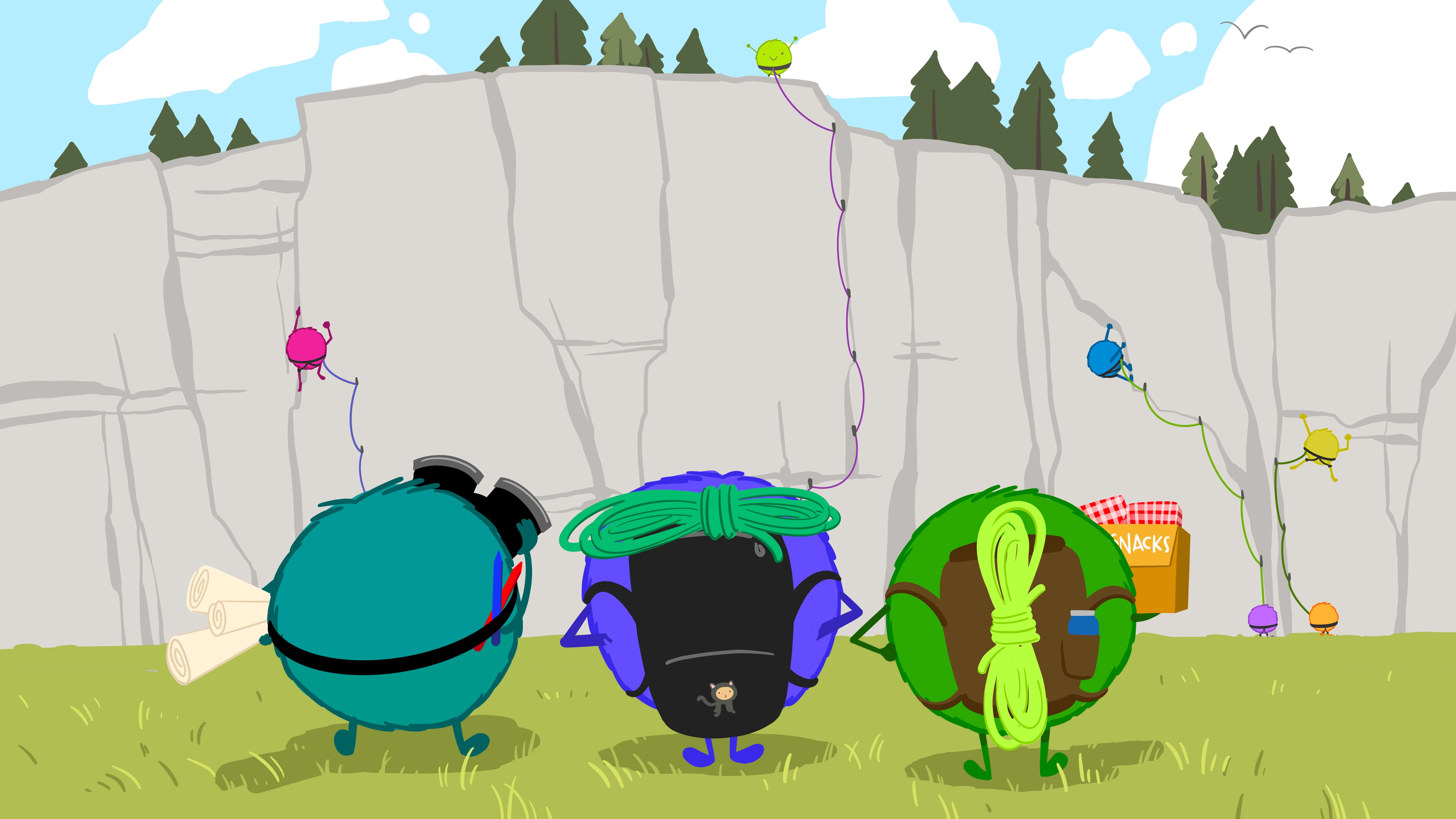 Rear-view of three well-prepared monsters arriving at a climb. They have route maps, binoculars, ropes, backpacks, and a box of snacks. The middle monster has a GitHub Octocat image on their backpack. In the distance, several monsters are at different stages of ascending, with one at the summit, and others supporting them from the base.